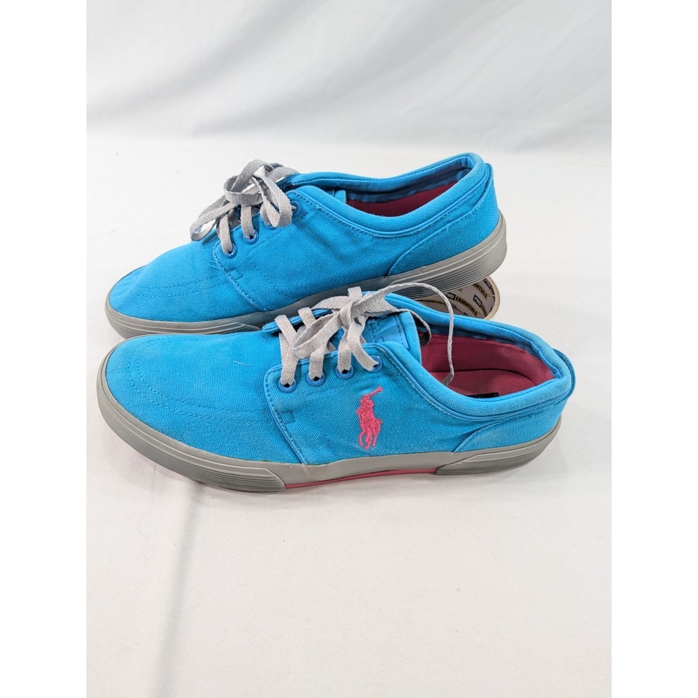 VTG Polo Ralph Lauren Canvas Sneakers Light Blue Black Casual Lace Up Shoes 10.5